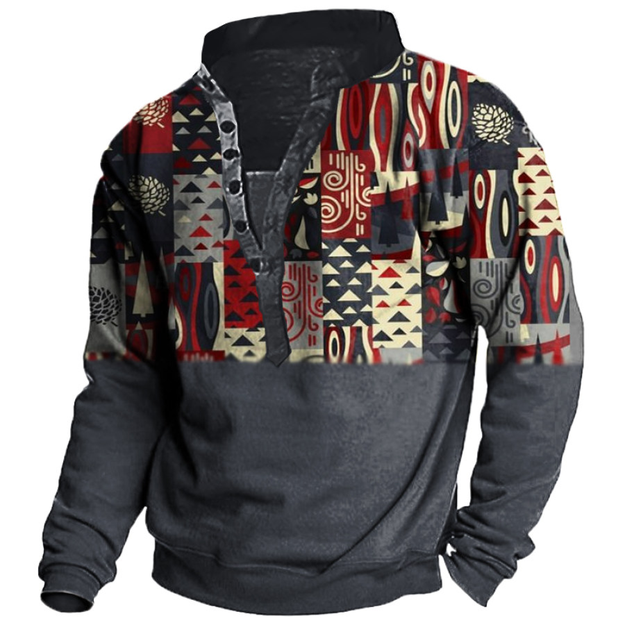 

Men's Vintage Ethnic Print Henley Collar Sweatshirt