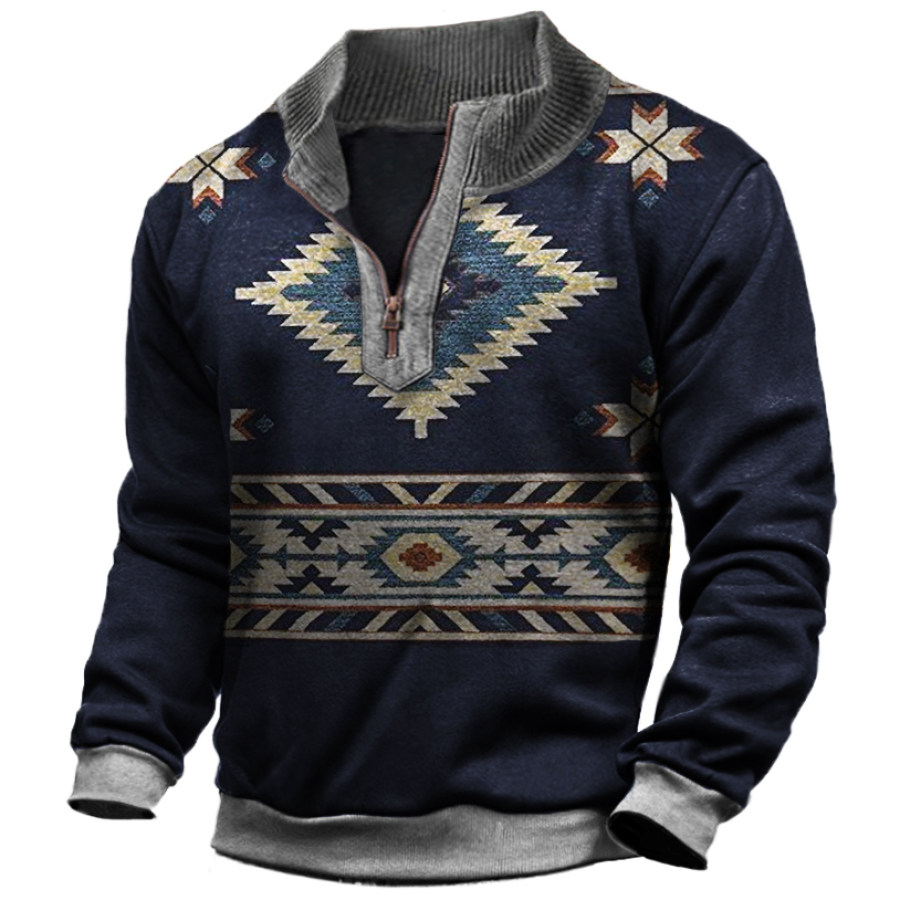 

Men's Geometric Ethnic Print Zip Stand Collar Sweatshirt