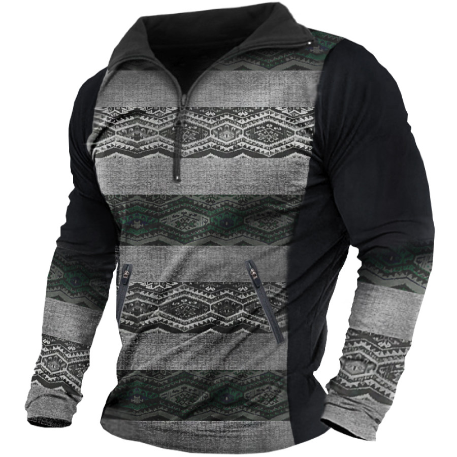

Men's Vintage Print Long Sleeve Zip T-Shirt