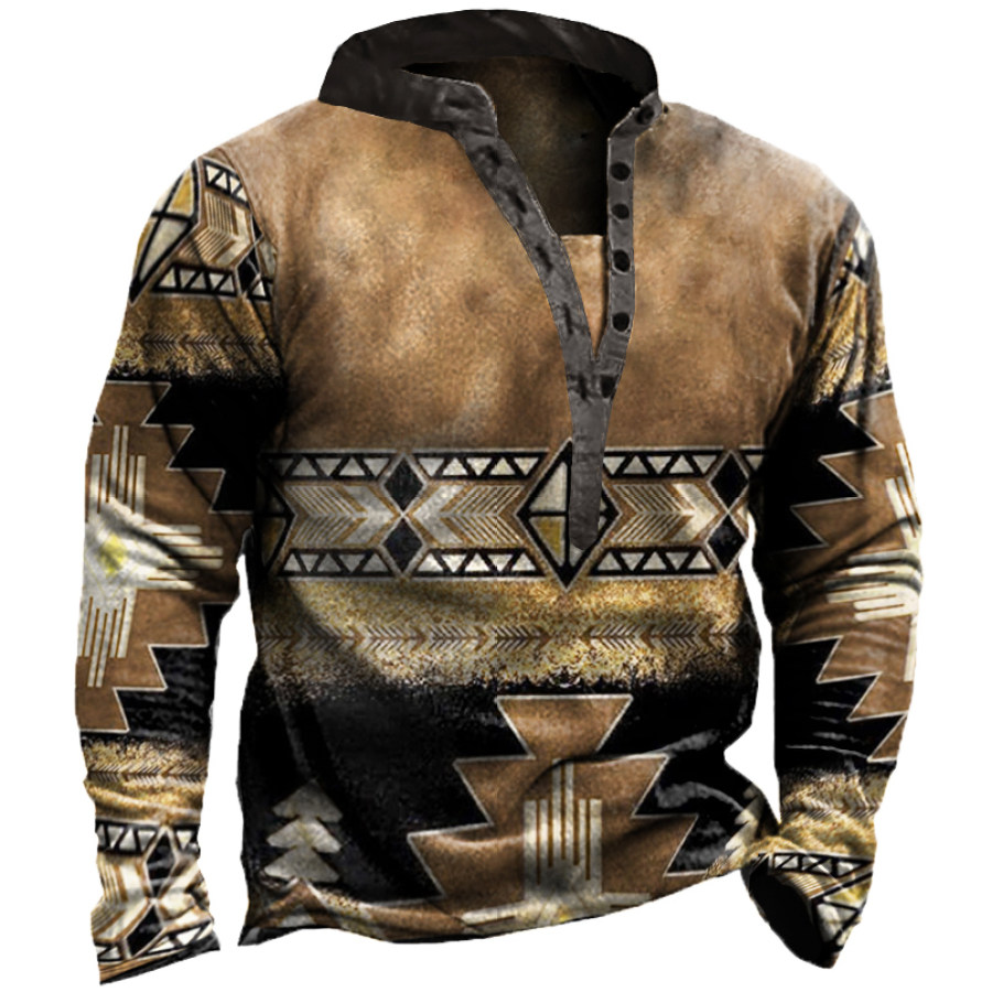 

Men's Vintage Ethnic Print Henley Collar Sweatshirt