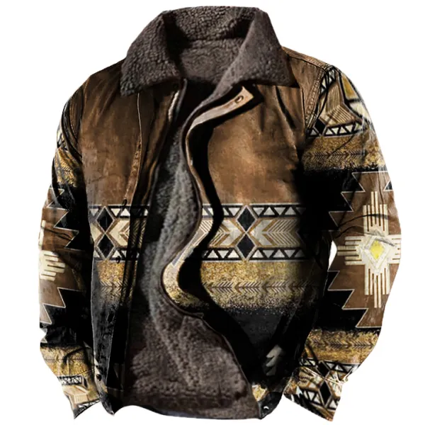 Men's Vintage Ethnic Print Fleece Zipper Tactical Shirt Jacket - Mosaicnew.com 