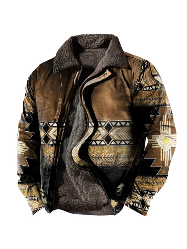 Men's Vintage Ethnic Print Fleece Zipper Tactical Shirt Jacket