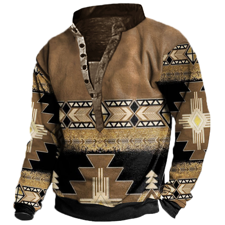 

Men's Vintage Ethnic Print Henley Collar Sweatshirt