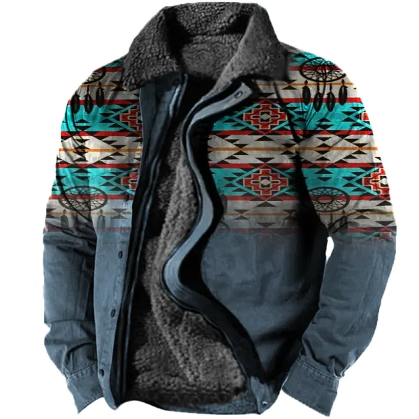 Men's Vintage Ethnic Print Fleece Zip-Up Jacket - Mosaicnew.com 