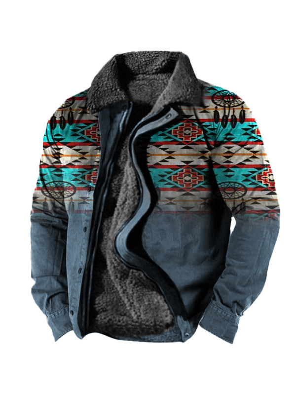 Men's Vintage Ethnic Print Fleece Zip-Up Jacket