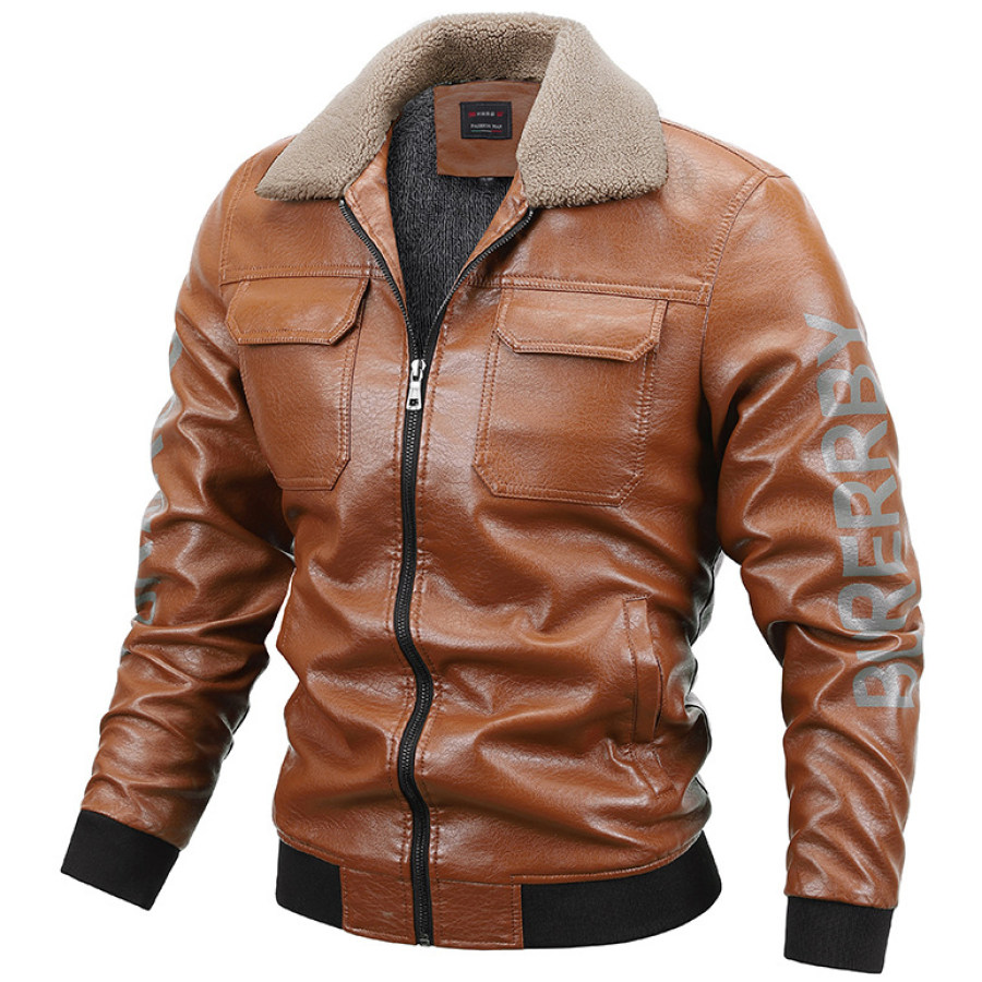 

Men's Outdoor Windproof Warm Fleece Motorcycle Leather Jacket