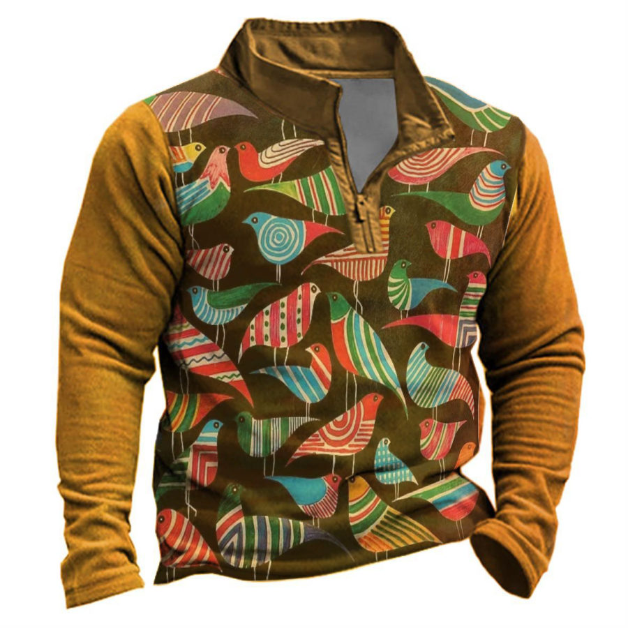 

Men's Casual Retro Contrast Print Zip Half Open Long Sleeve Sweatshirt