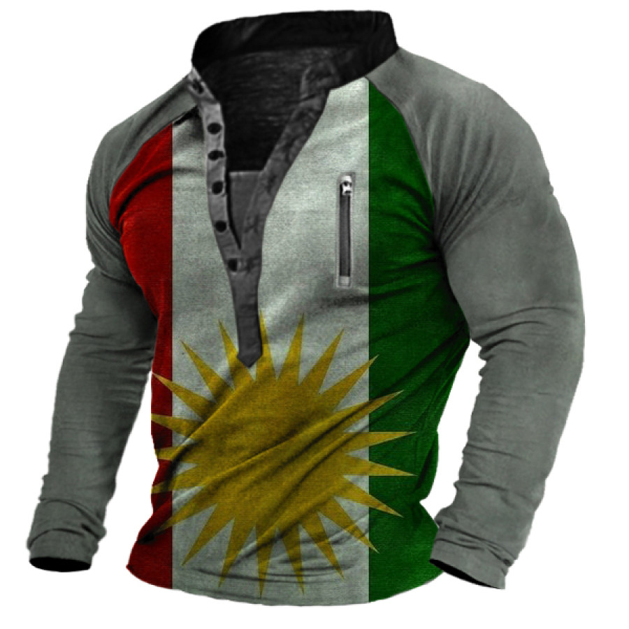 

Men's Casual Retro Contrast Print Button Half-Placket Long Sleeve Tee