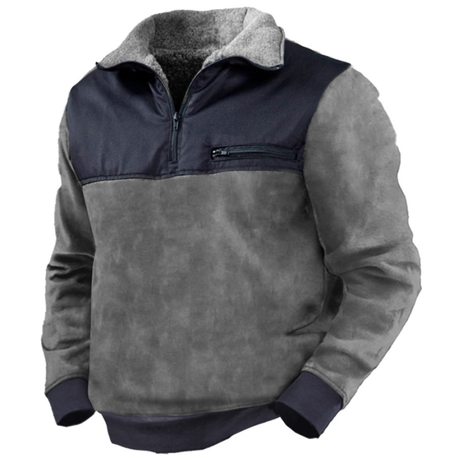 

Men's Vintage Zip Pockets Contrast Patchwork Thermal Sweatshirt