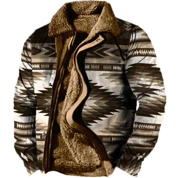 Men's Retro Ethnic Pattern Long Sleeve Fleece Jacket - Salolist.com 