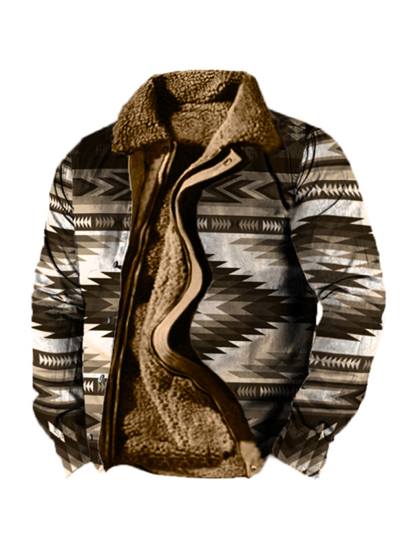 Men's Retro Ethnic Pattern Long Sleeve Fleece Jacket