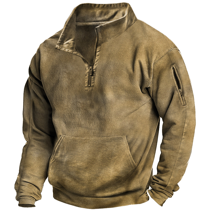 

Men's Vintage Print Zip Pocket Stand Collar Sweatshirt