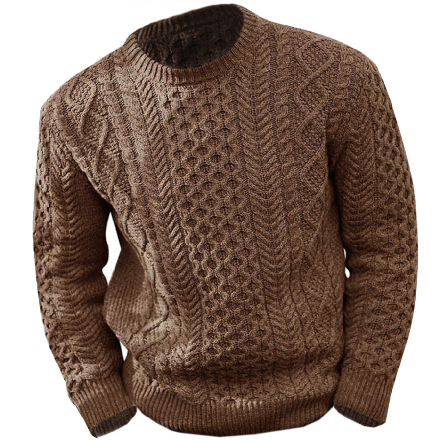 

Men's Retro Twist Solid Color Round Neck Long Sleeve Knit Sweater