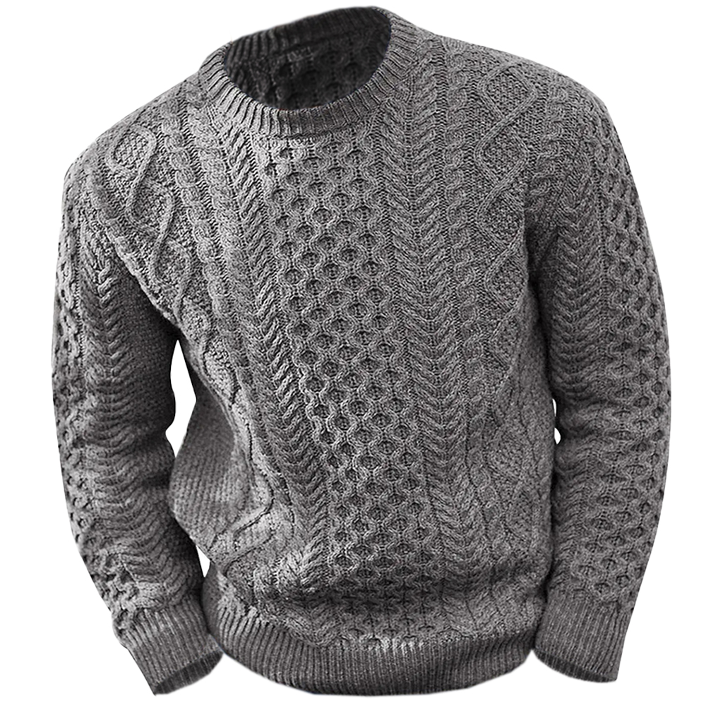 Men's Retro Twist Solid Chic Color Round Neck Long Sleeve Knit Sweater