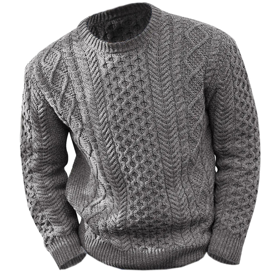 

Men's Retro Twist Solid Color Round Neck Long Sleeve Knit Sweater