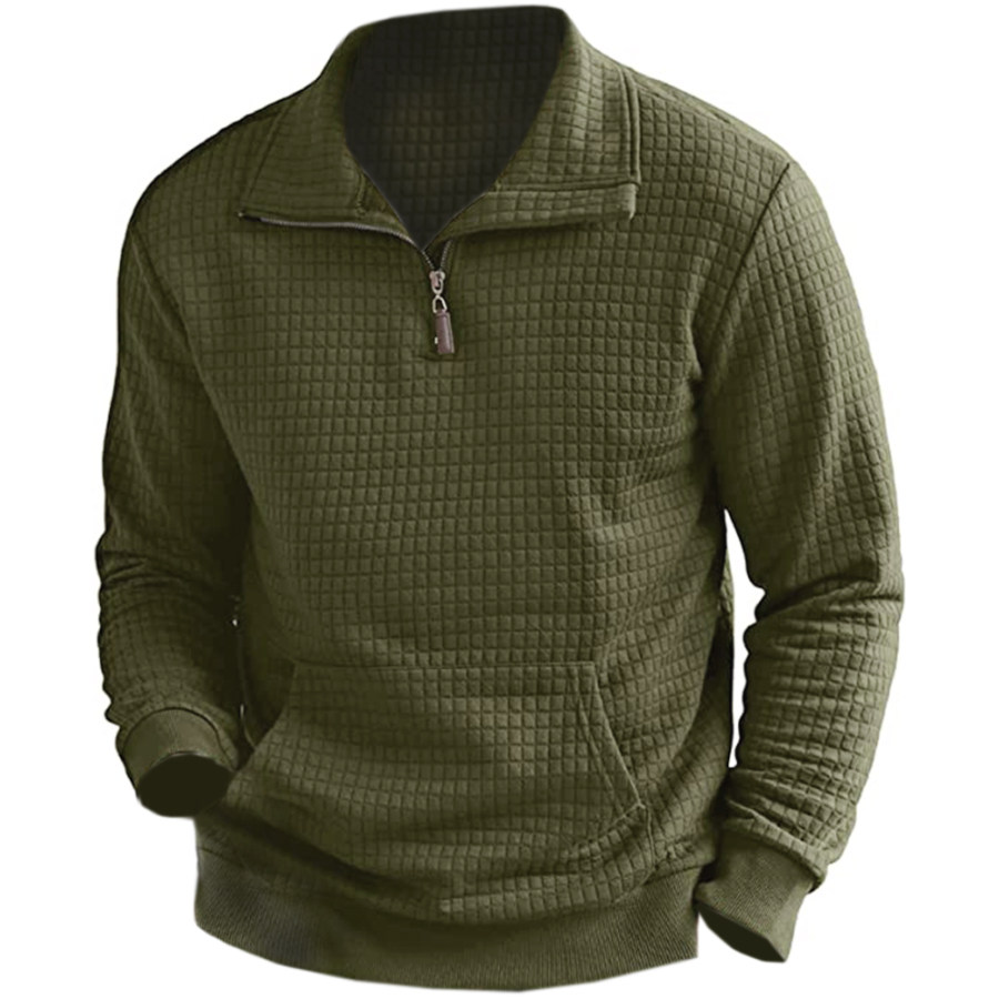 

Men's Quarter Zip Sweatshirt Long Sleeve Solid Plaid Jacquard Pullover With Pocket