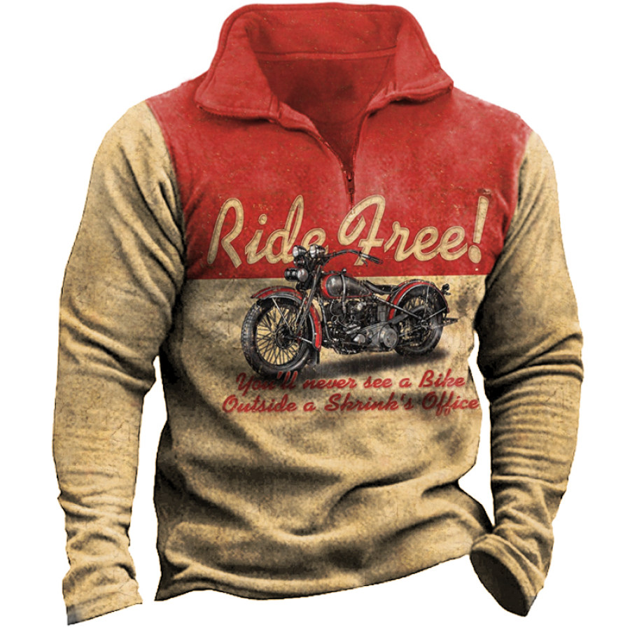 

Ride Free Men's Vintage Metal Motorcycle Print Zip Sweatshirt