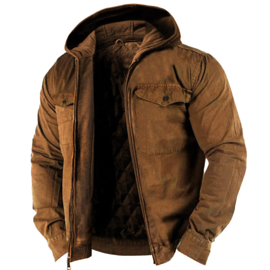 

Men's Vintage Outdoor Warm Thick Cotton Lined Pocket Tactical Hooded Jacket