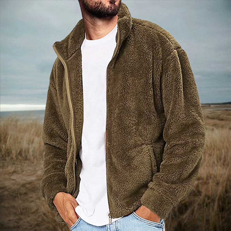 

Men's Vintage Casual Fleece Zip Long Sleeve Jacket