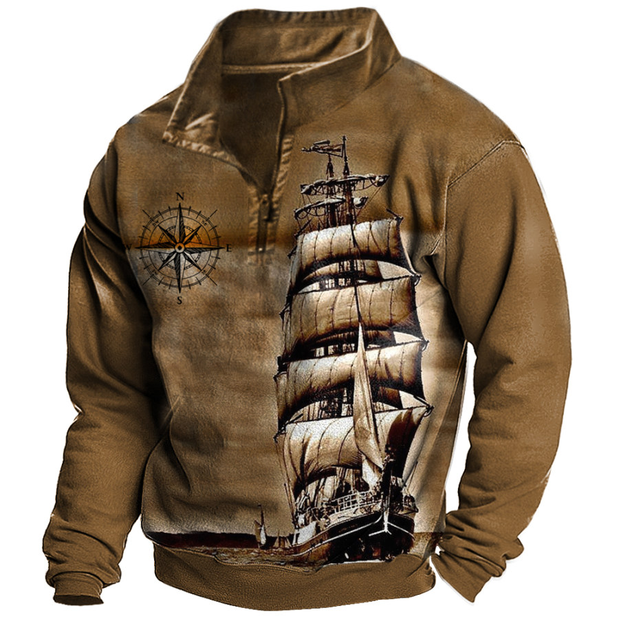 

Men's Vintage Sailing Compass Print Stand Collar Sweatshirt