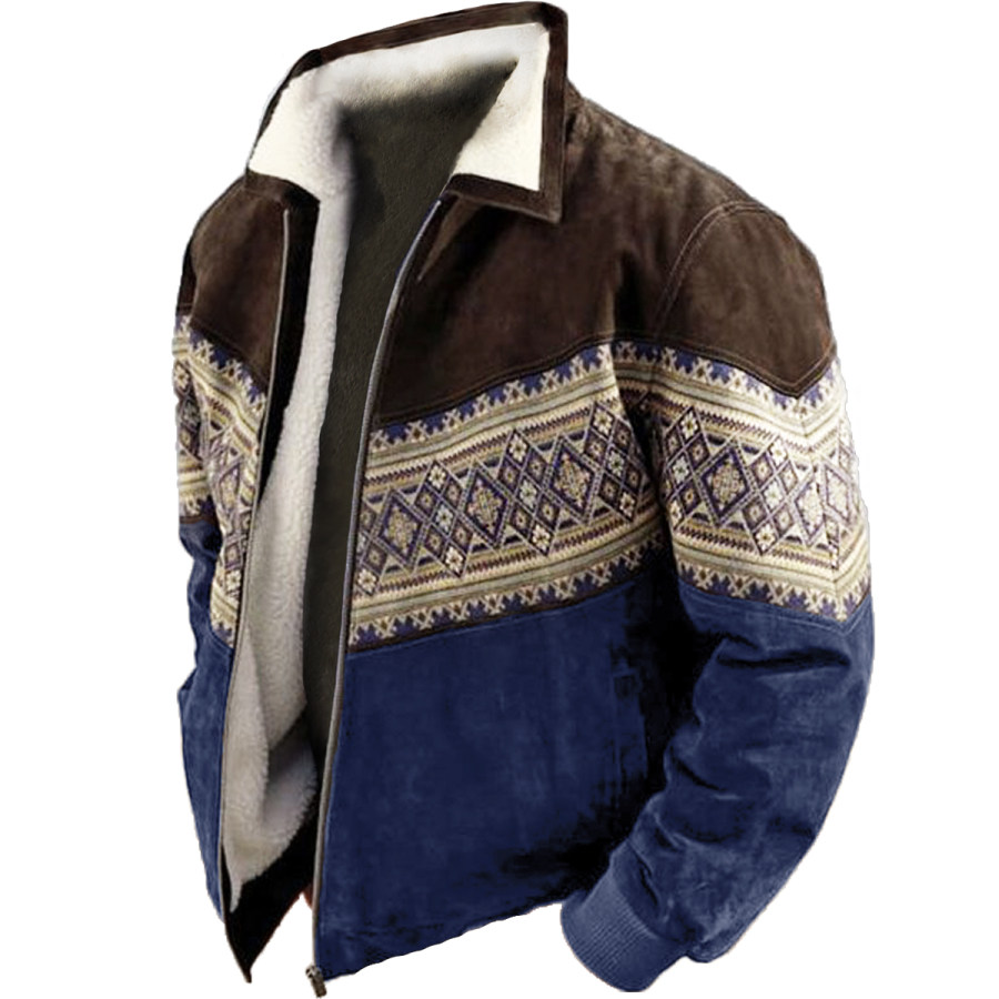 

Men's Vintage Ethnic Print Long Sleeve Fleece Jacket