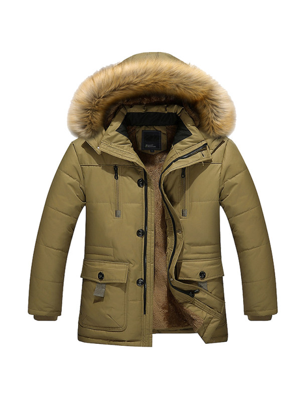 Men's Winter Mid-length Fleece Thickened Windproof Warm Hooded Down Jacket