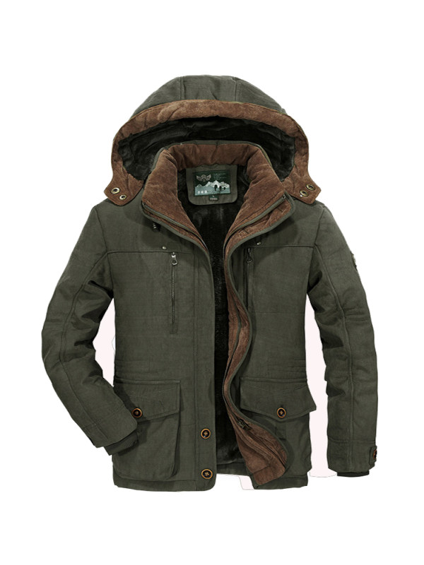 Men's Winter Mid-length Fleece Thickened Windproof Warm Hooded Down Jacket