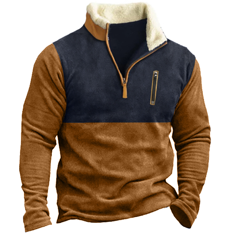 Men's Vintage Colorblock Pocket Mock Zip Collar Sweatshirt - Cotosen.com