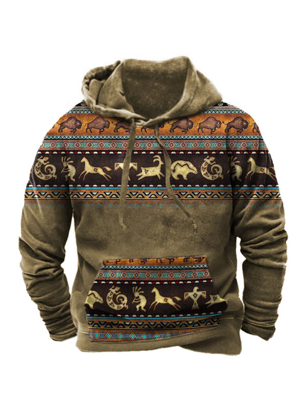 Men's Vintage Western Print Pocket Hoodie