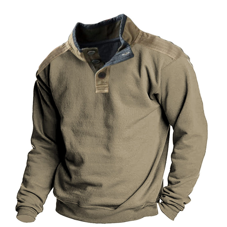 

Men's Retro Outdoor Special Training Stitching Color Contrast Button Sweatshirt