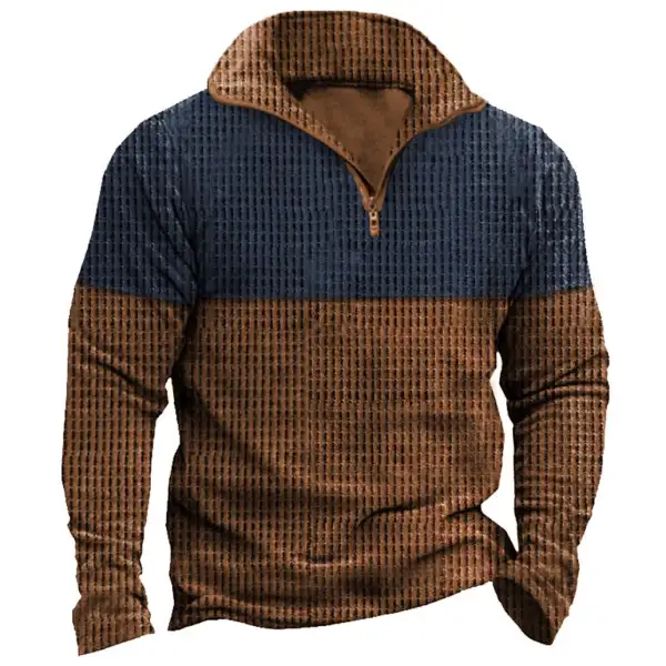 Men's Vintage Waffle Color Contrast Quarter Zip Sweatshirt - Cotosen.com