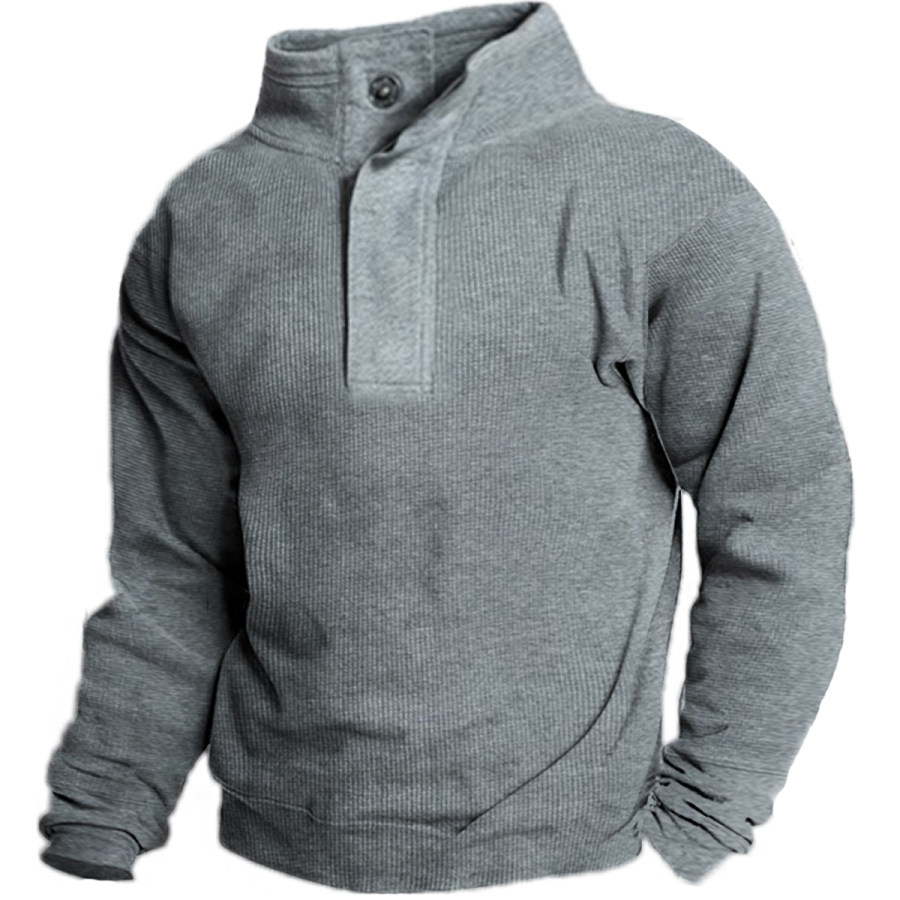 

Men's Vintage Distressed Waffle Stand Collar Long Sleeve Sweatshirt