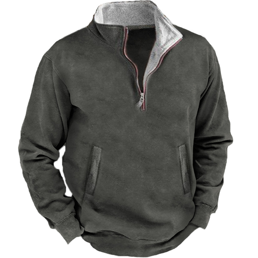 

Men's Vintage Distressed Stand Collar Long Sleeve Sweatshirt