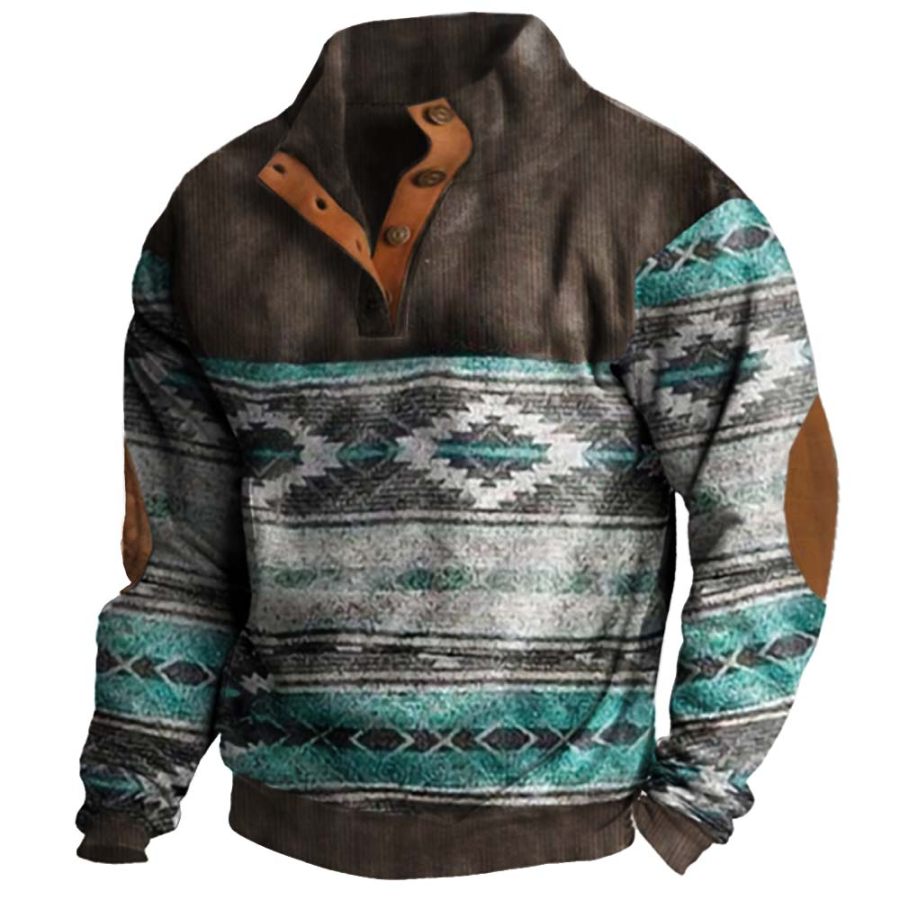 

Men's Retro Western Ethnic Printed Stand Collar Pocket Sweatshirt