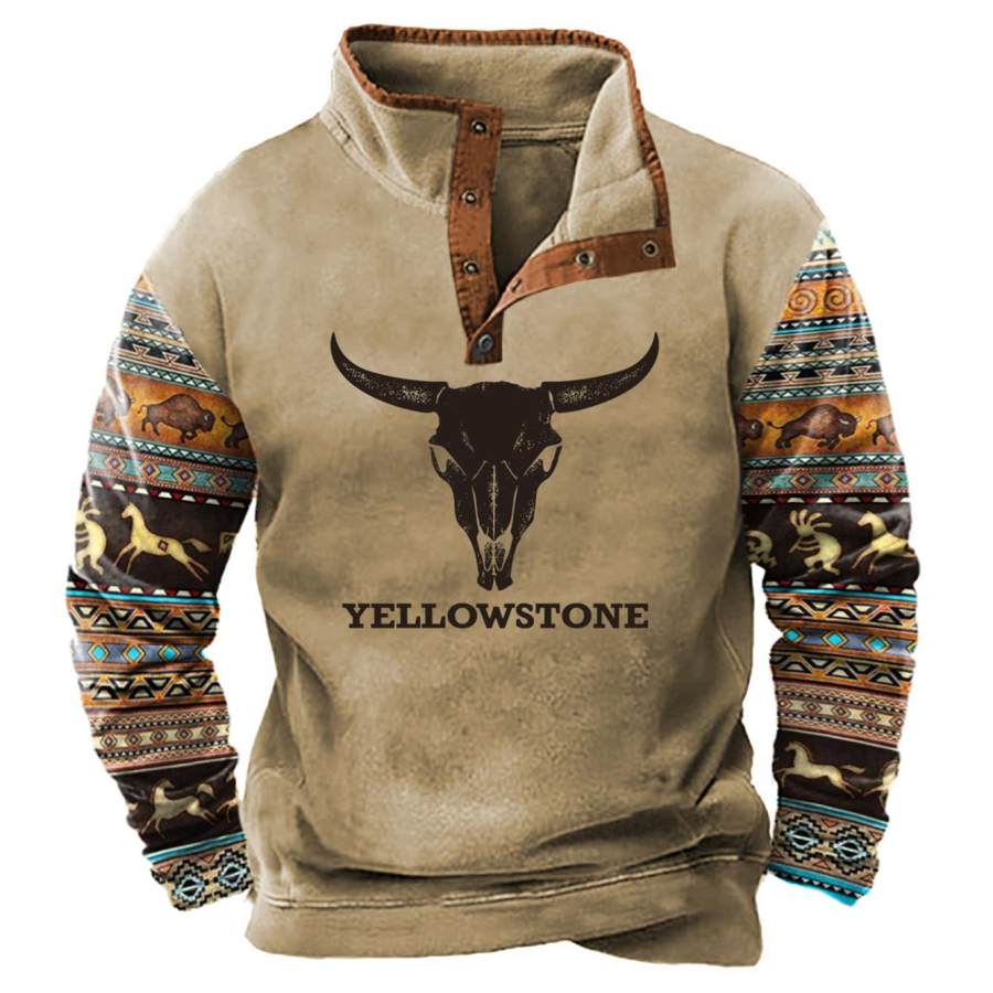 

Men's Vintage Yellowstone Bull Skull Snap Button Sweatshirt