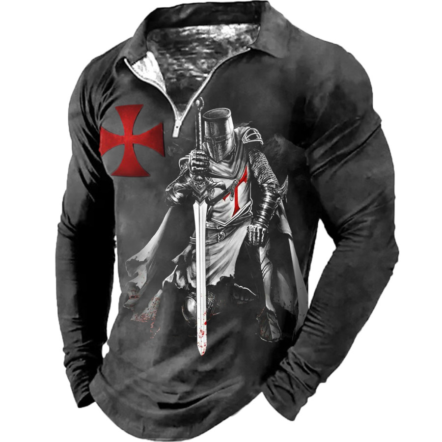 

Men's Vintage Distressed Templar Long Sleeve Lapel T-Shirt