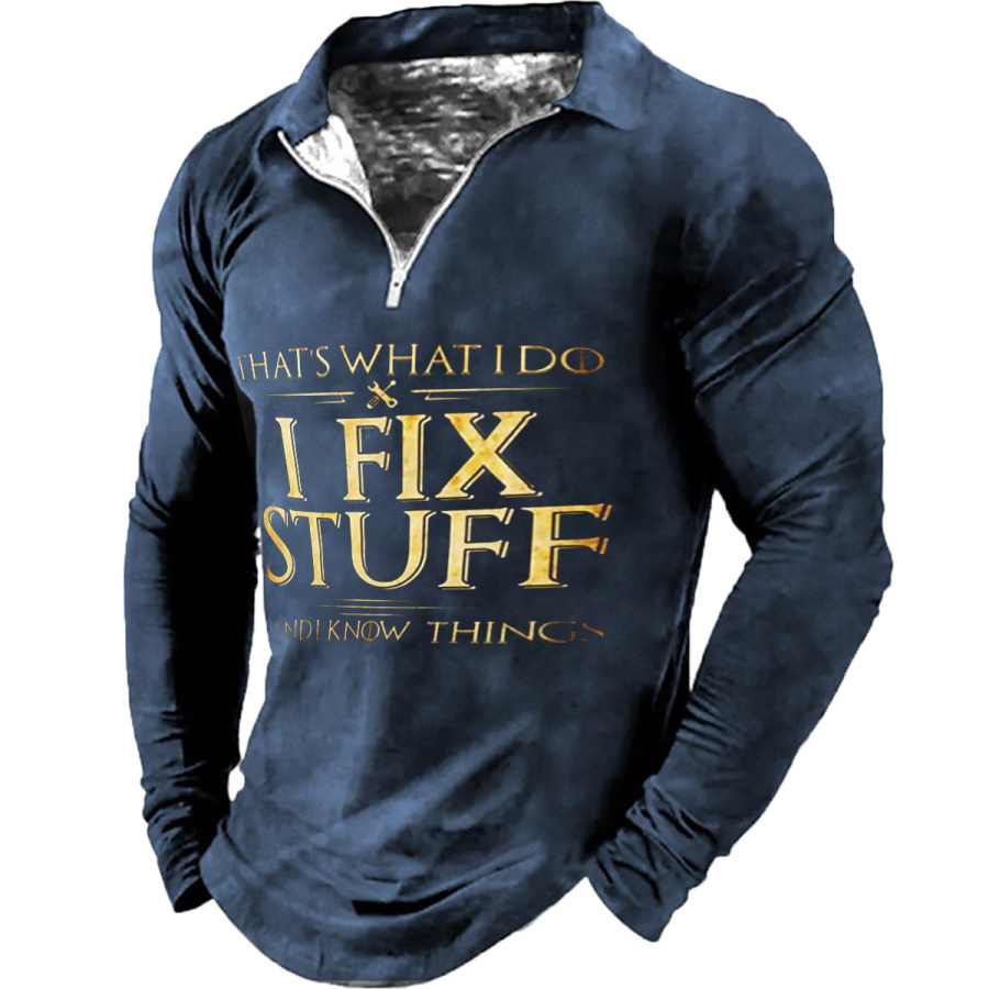 

Men's Vintage I FIX STUFF Long Sleeve Lapel T-Shirt