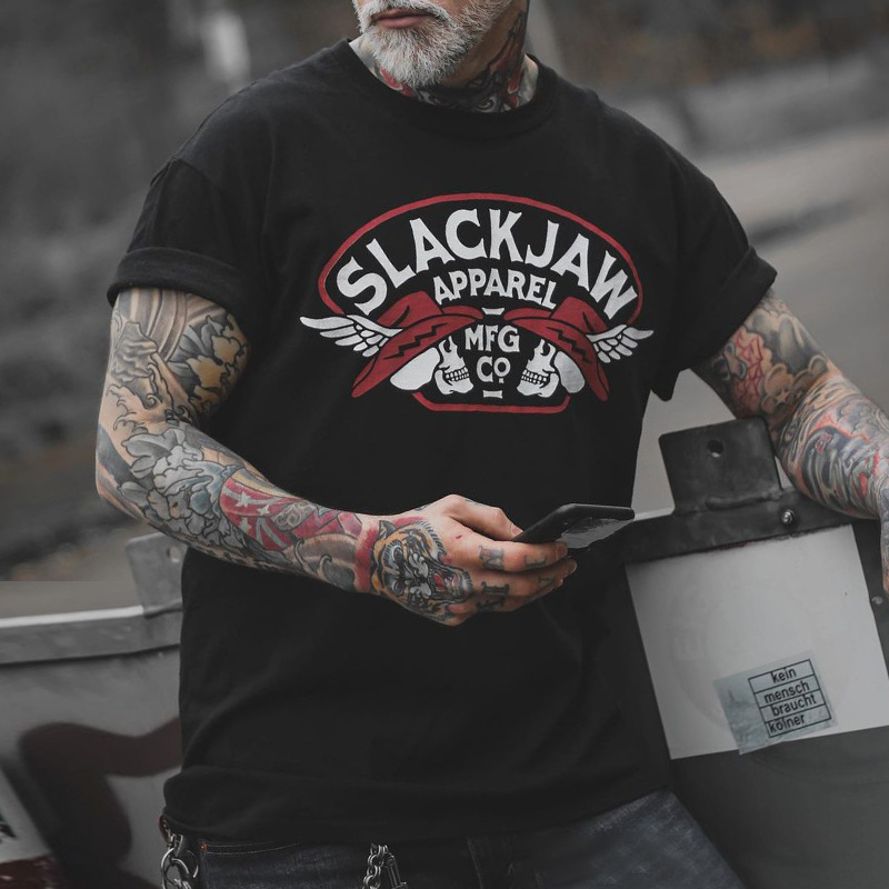 Men's Retro Distressed Motorcycle Chic Skull Short Sleeve T-shirt