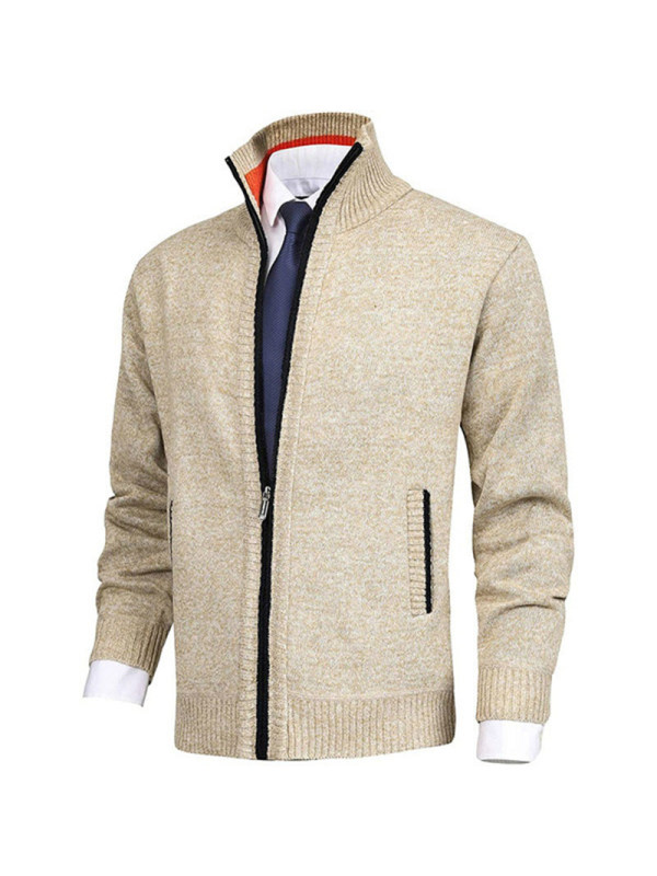 Men's Solid Color Fashion Stand Collar Knitted Sweater Jacket