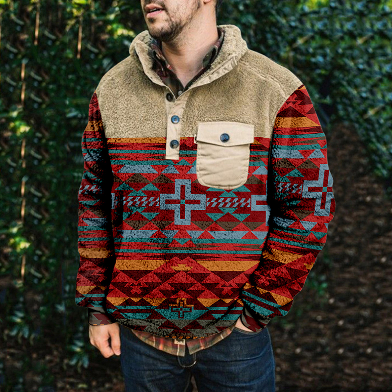 Men's Vintage Printed Plush Thermal Long Sleeve Sweatshirt