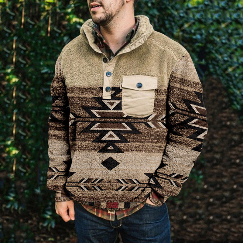 Men's Vintage Printed Plush Thermal Long Sleeve Sweatshirt