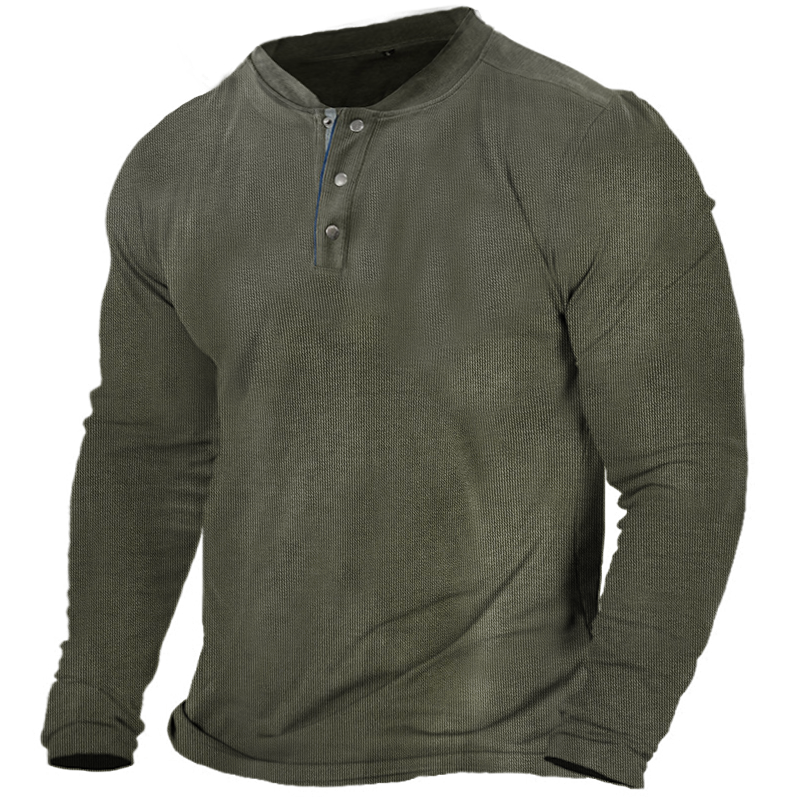 Men's Vintage Corrugated Henley Collar Chic Long Sleeve T-shirt