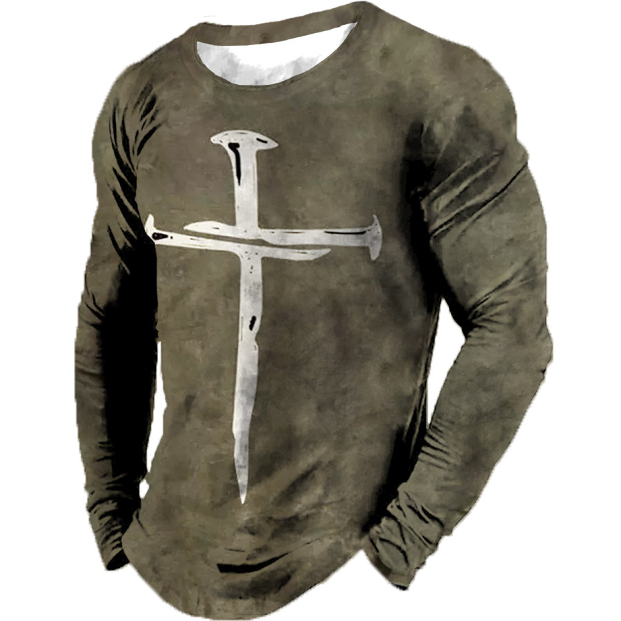 

Men's Vintage Distressed Cross Round Neck Long Sleeve T-shirt