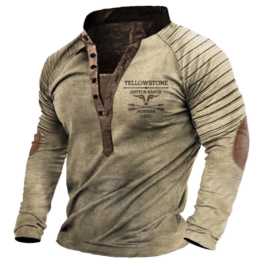 

Men's Vintage Western Yellowstone Print Henley Collar Long Sleeve T-Shirt