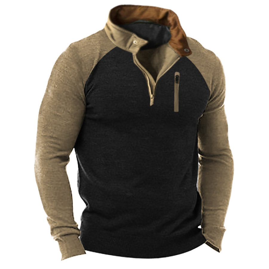 

Men's Vintage Tactical Colorblock Zip Stand Collar T-Shirt