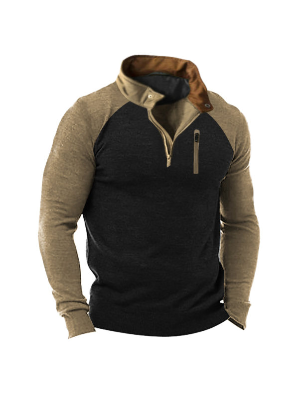 Men's Vintage Tactical Colorblock Zip Stand Collar T-Shirt