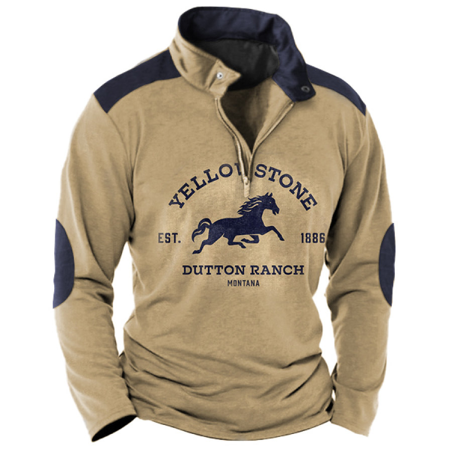 

Men's Vintage Yellowstone Horse Colorblock Zip Stand Collar T-Shirt