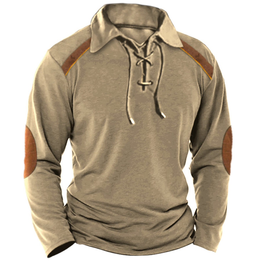 

Men's Retro Color Block Lace Up Casual T-Shirt