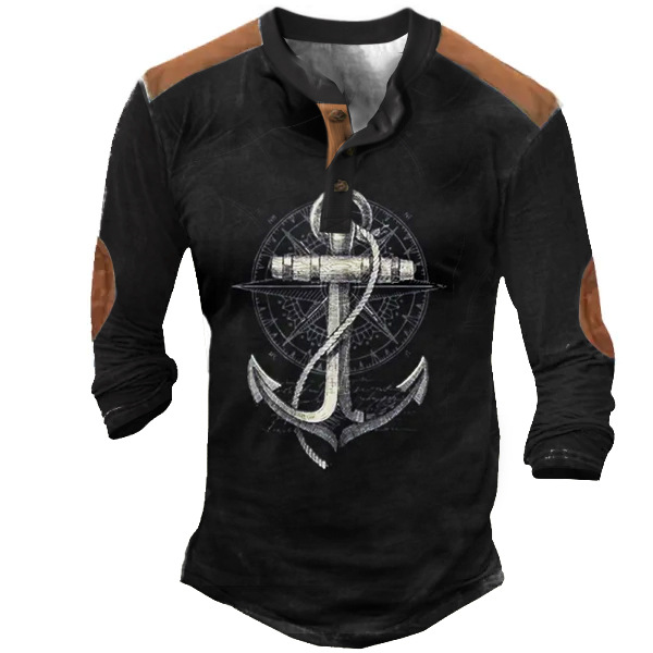 Men's Nautical Anchor Print Chic Henley T-shirt