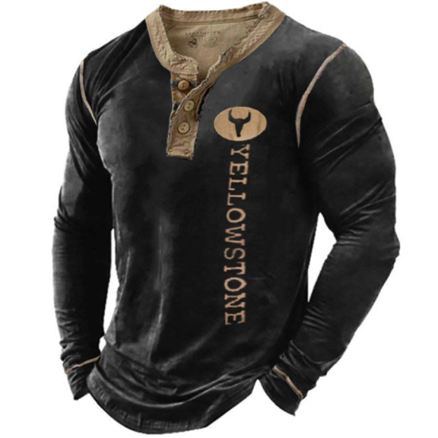 

Men's Vintage Western Yellowstone Henley Neck Long Sleeve Top